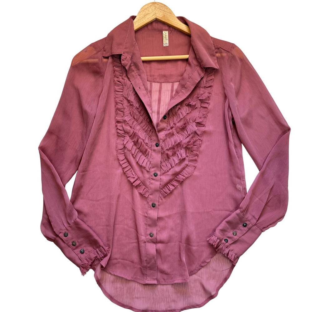 Free People Sheer Ruffle Front Button Down Shirt XS Rose Pink‎ Long Sleeve